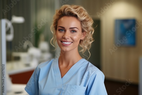 Beautiful dentist smiling at camera while standing at dental clinic. photo