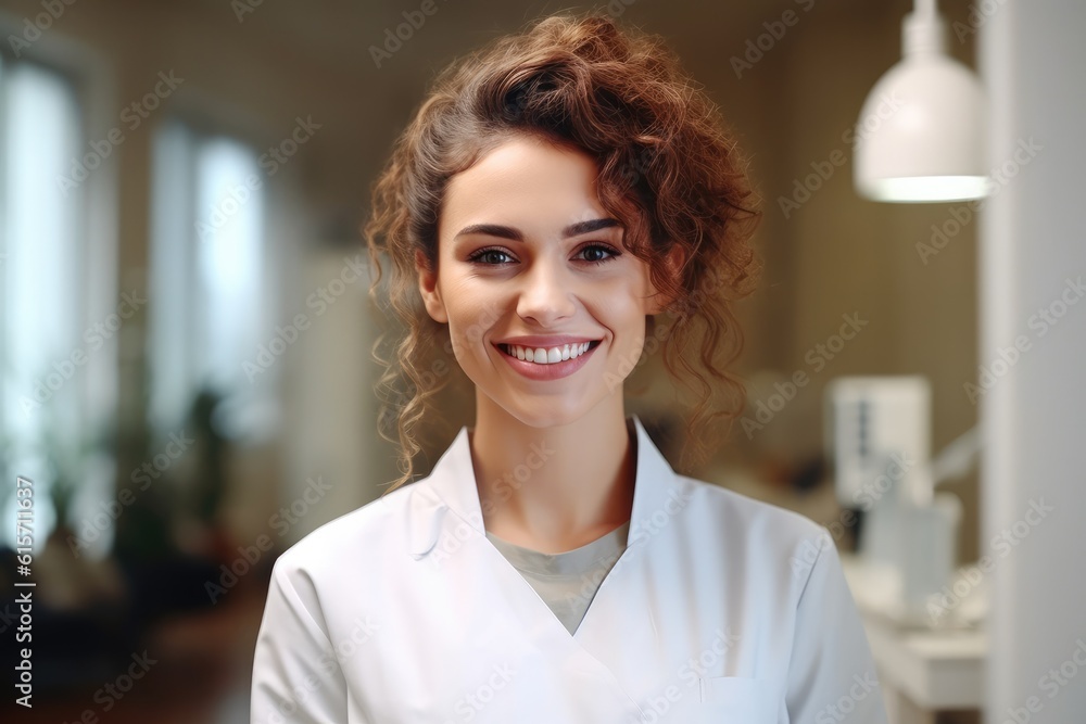 Beautiful dentist smiling at camera while standing at dental clinic. - obrazy, fototapety, plakaty 
