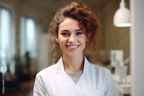 Obraz na plátně Beautiful dentist smiling at camera while standing at dental clinic