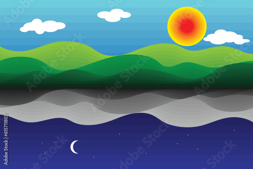 Illustration of the sun moon lover with gradient mountain, Day and night background concept.