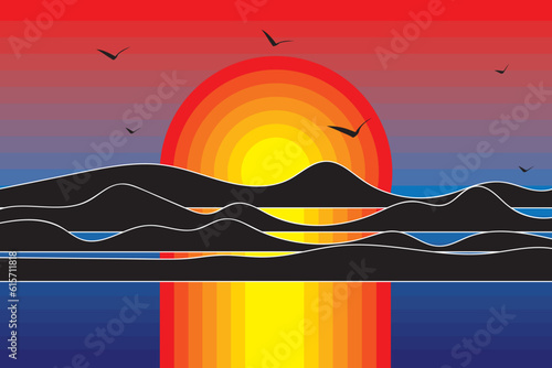 Abstract of sunset sky with gradient color and silhouette bird and mountain background.