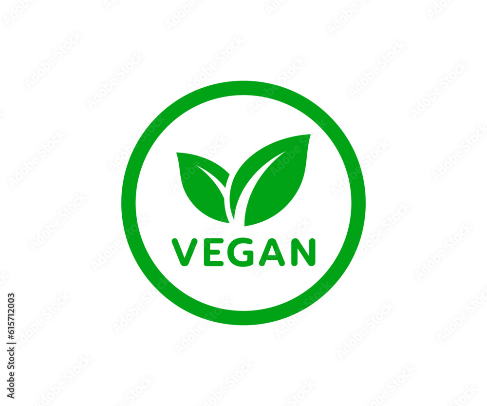 Vegan food icon. Organic, bio, eco symbols. Round green vector illustration with leaves for stickers, labels, and logos