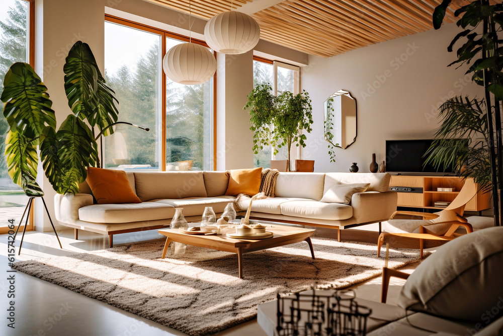Modern living room with big window, super photo realistic background. Generative ai illustration Modern living room with big window, super photo realistic background. Generative ai illustration