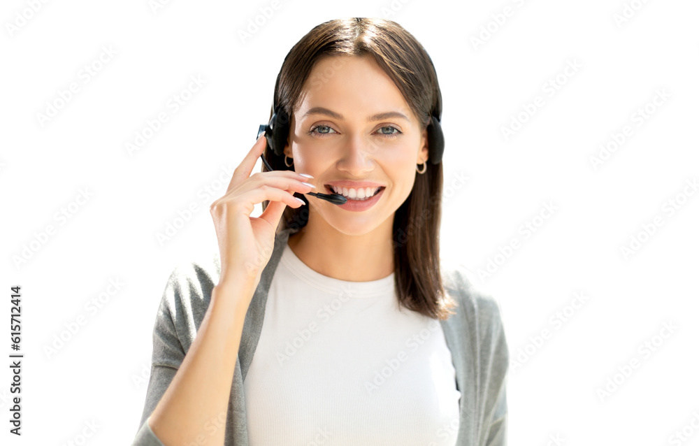 Female customer support operator with headset and smiling on a transparent background Female customer support operator with headset and smiling on a transparent background
