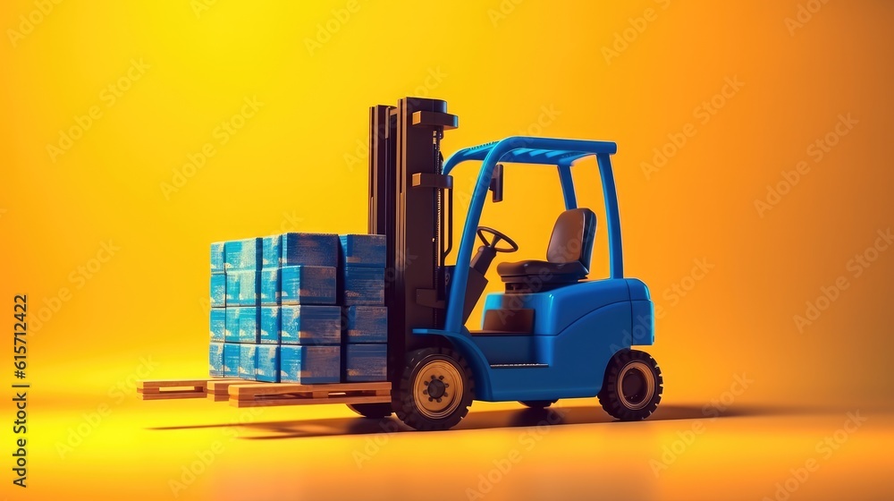 Modern forklift truck with boxes on wooden pallet on yellow background, Logistics, Logistics Business. Modern forklift truck with boxes on wooden pallet on yellow background, Logistics, Logistics Business.
