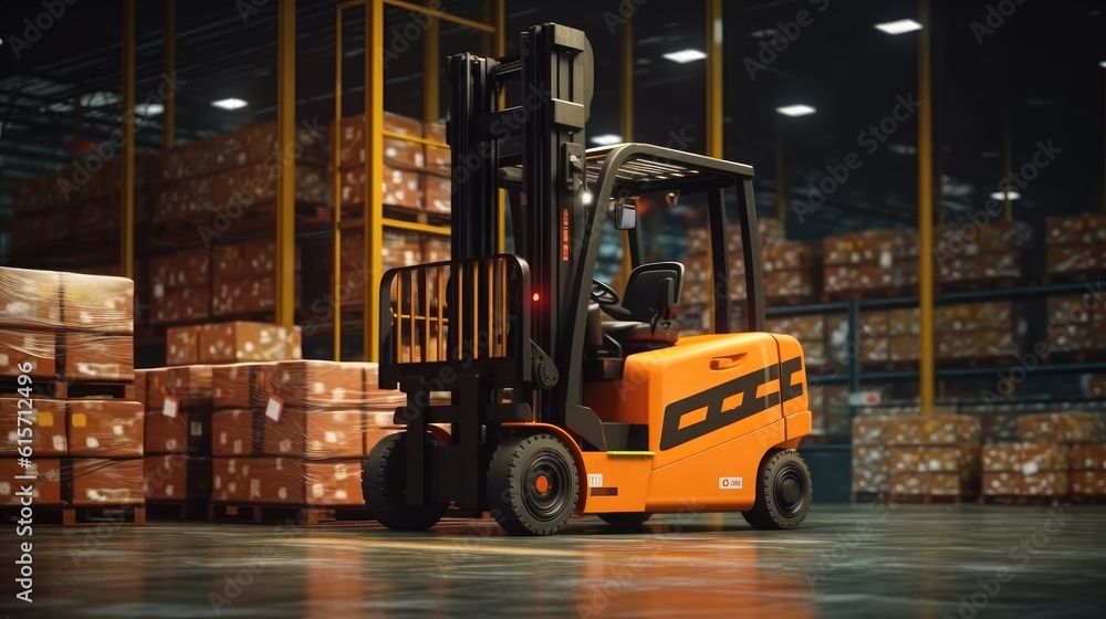 High rack stacker forklift in huge distribution warehouse with high shelves, Logistics Business.