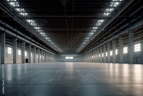 Empty big warehouse, Warehouse or industrial building, Modern interior design empty space for product display or industry background.