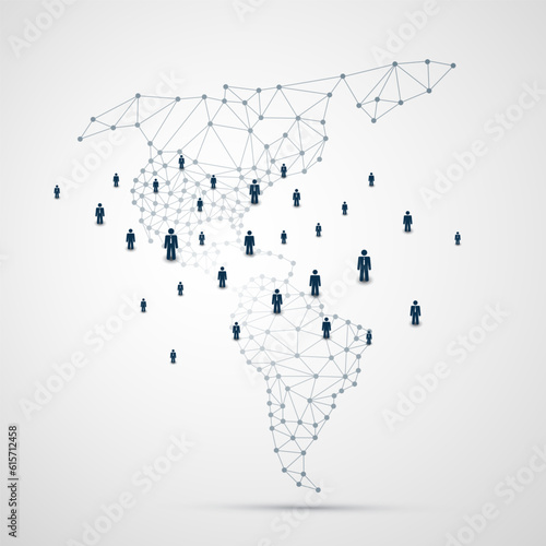 Networks, Business and Digital Connections, Data Exchange - Social Media Concept Design with Polygonal Map of South and North America