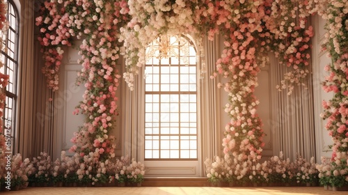 Flower backdrop design in indoor wedding.