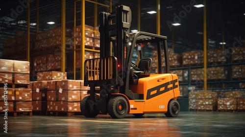 High rack stacker forklift in huge distribution warehouse with high shelves, Logistics Business.