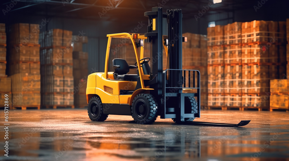 High Rack Stacker Forklift in Distribution Warehouse, Warehouse full of goods and a forklift in action, Trade and logistics concept.