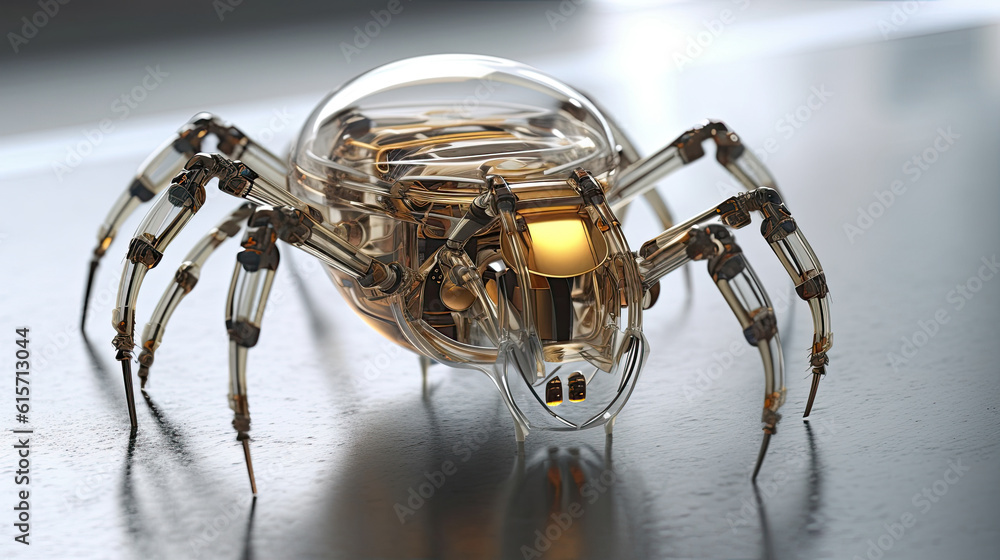a spider that is made out of glass and gold foiled with some sortion on it's legs a spider that is made out of glass and gold foiled with some sortion on it's legs