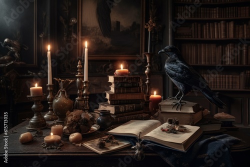 Raven ancient library old. Generate Ai