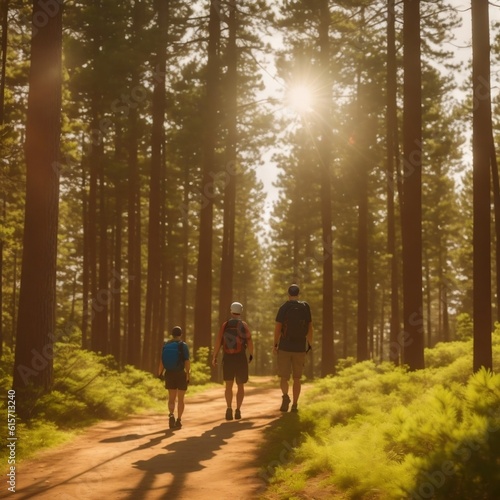 A Cinematic Journey through a Majestic Pine Forest with Positive Friends