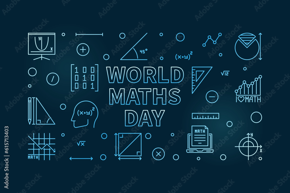 World Maths Day concept vector outline horizontal blue banner - Math illustration