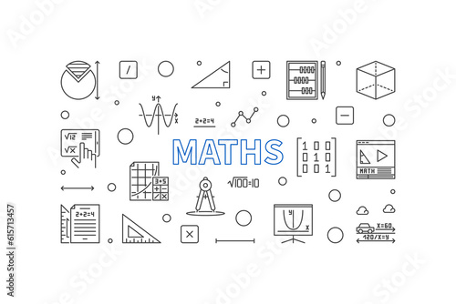 Maths vector concept outline horizontal banner. Mathematics illustration