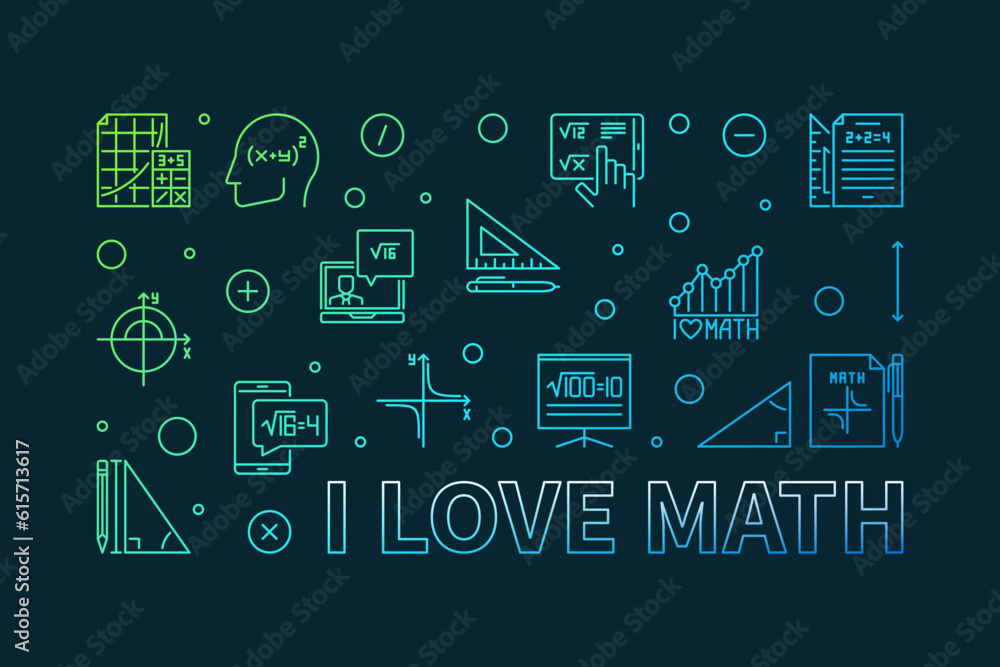 I Love Math concept vector outline horizontal modern banner. Mathematics illustration