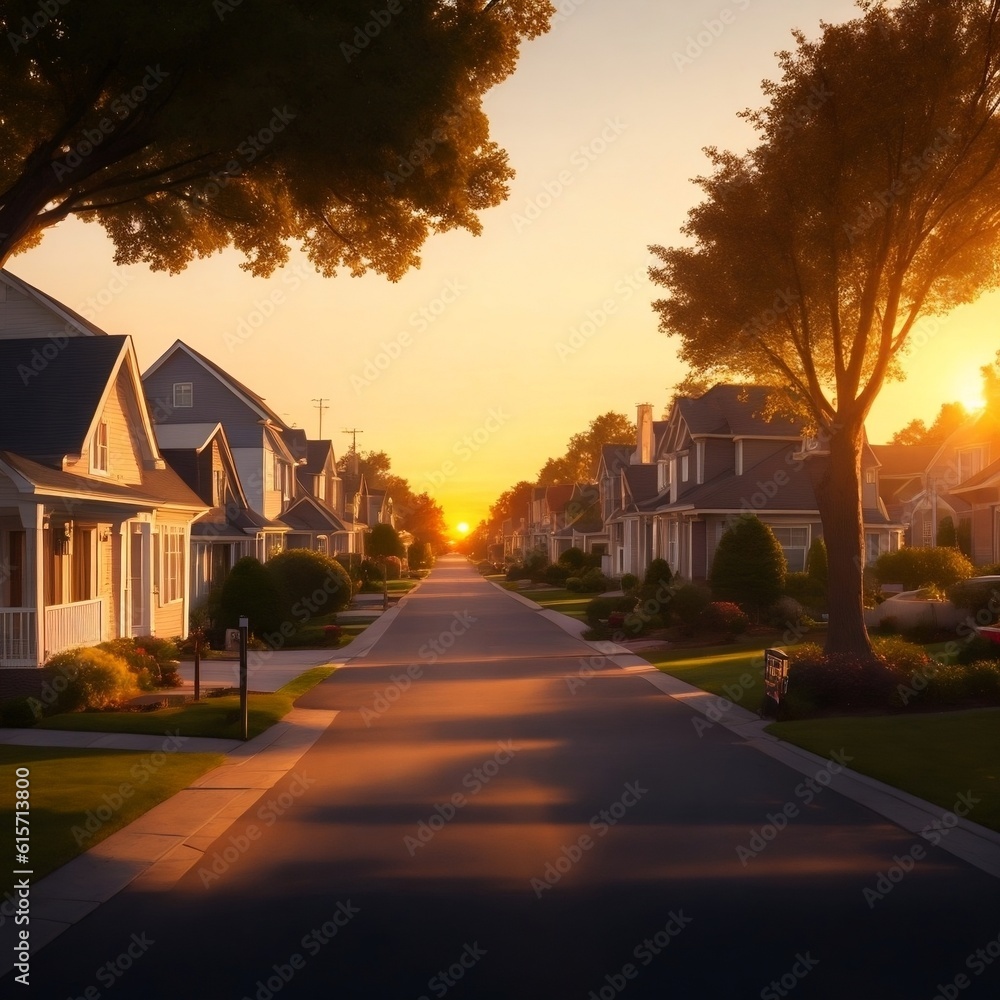 Picture-Perfect Suburban Street Bathed in Sunset Glow