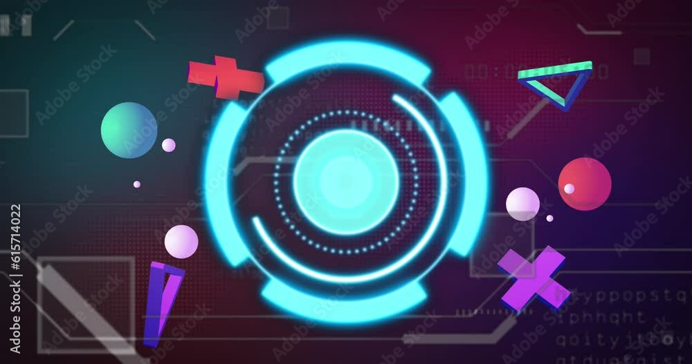 Animation of 3d shapes moving over blue scope and data processing on black background Animation of 3d shapes moving over blue scope and data processing on black background