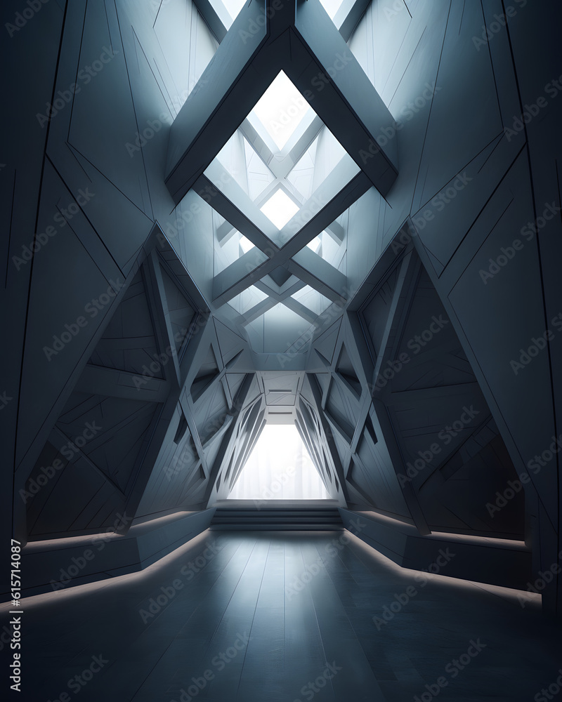An abstract minimal architecture of a room with a triangular ceiling, light coming from the sides and a concrete floor. A contrast of shapes, angles and textures that creates a unique space. An abstract minimal architecture of a room with a triangular ceiling, light coming from the sides and a concrete floor. A contrast of shapes, angles and textures that creates a unique space.