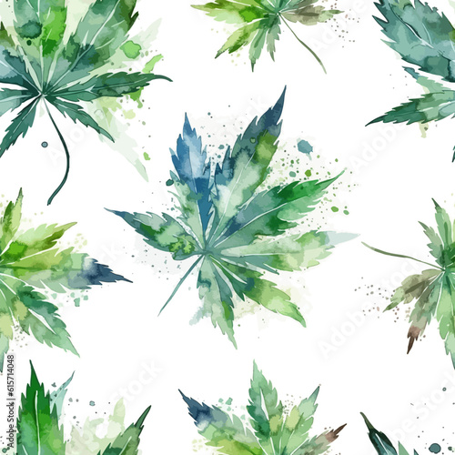 Seamless pattern green leaves of marijuana watercolor. Vector illustration