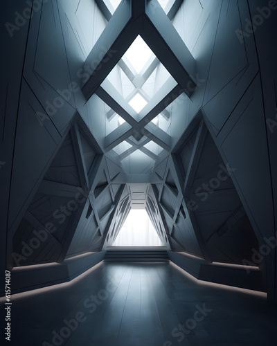 An abstract minimal architecture of a room with a triangular ceiling, light coming from the sides and a concrete floor. A contrast of shapes, angles and textures that creates a unique space.