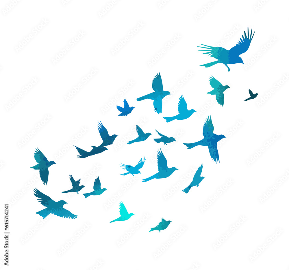 A flock of blue watercolor flying birds. Free birds abstraction Vector illustration A flock of blue watercolor flying birds. Free birds abstraction Vector illustration