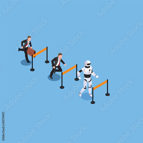 Robot and human running competition together 3d vector illustration concept for banner, website, illustration, landing page, flyer, etc