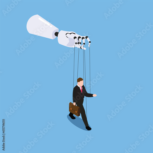 Robot controls human with strings 3d vector illustration concept for banner, website, illustration, landing page, flyer, etc