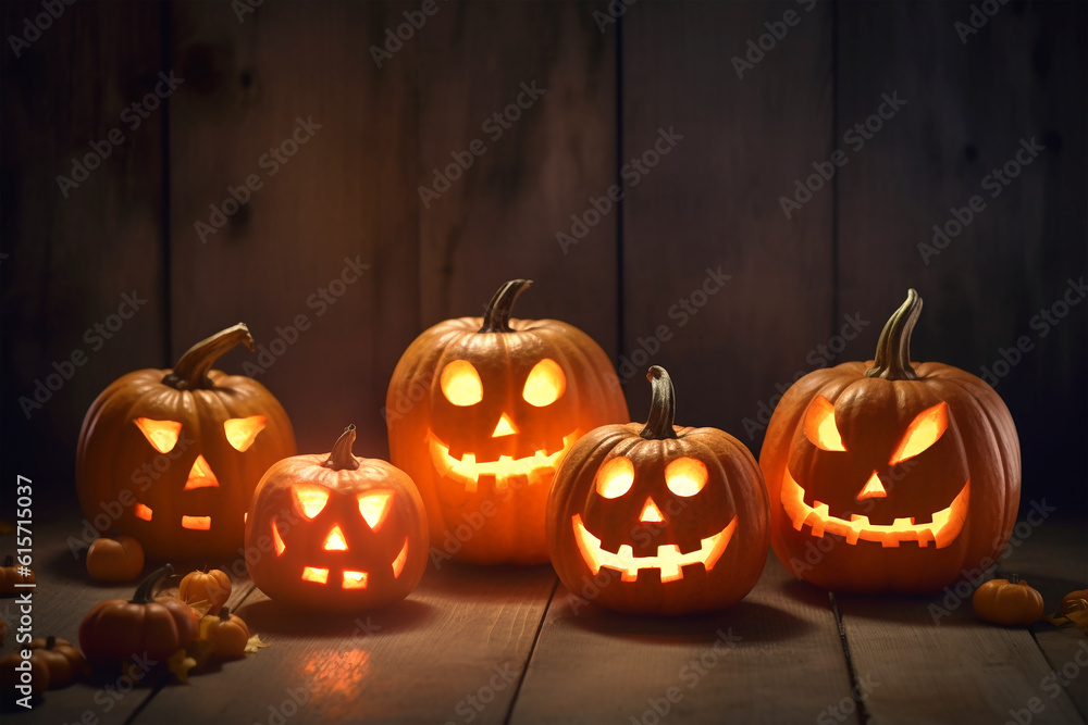 Halloween pumpkin head jack o lantern with glowing face on wooden table backgeound Halloween pumpkin head jack o lantern with glowing face on wooden table backgeound