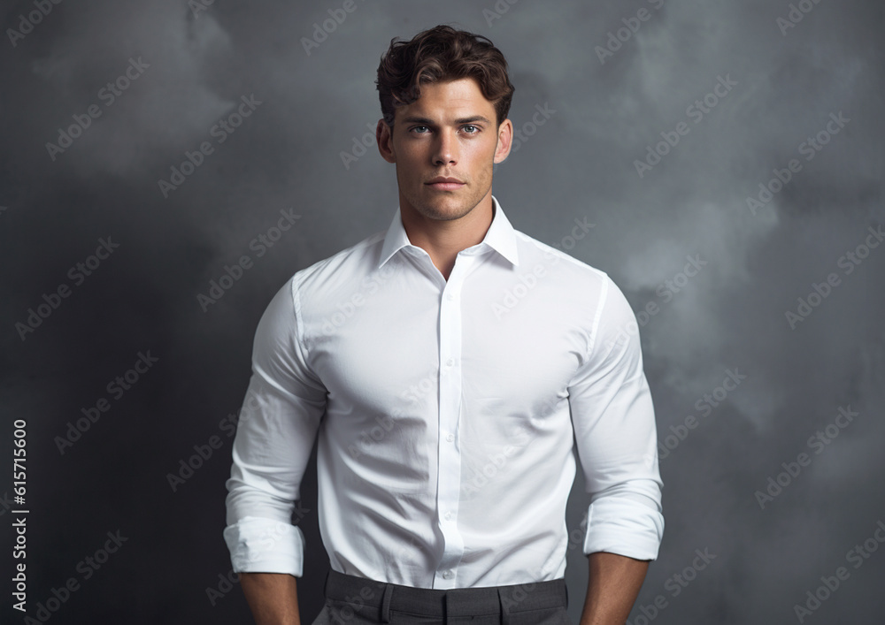 a young man in a white shirt posing in front of gray backgrounds with Generative AI a young man in a white shirt posing in front of gray backgrounds with Generative AI