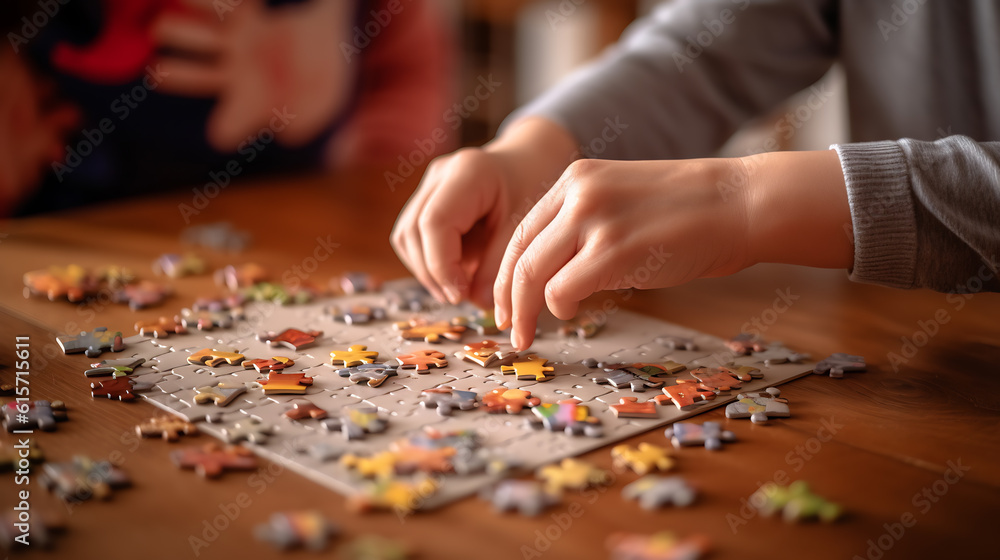 Little child putting a puzzle together at home.Created with Generative AI technology. Little child putting a puzzle together at home.Created with Generative AI technology.