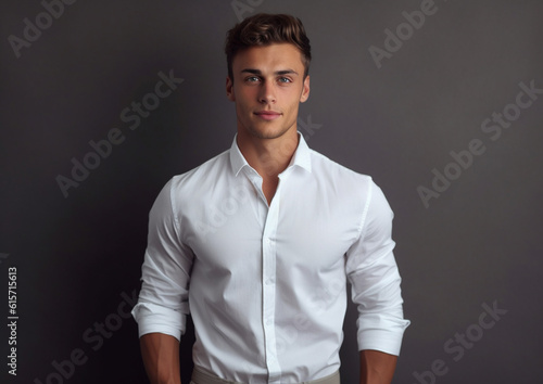 a young man in a white shirt posing in front of gray backgrounds with Generative AI © toonsteb