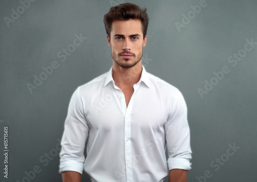 Tela a young man in a white shirt posing in front of gray backgrounds with Generative