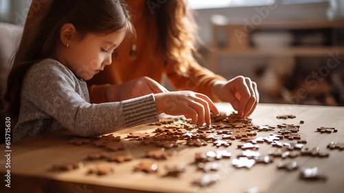 Fotografia Little child putting a puzzle together at home