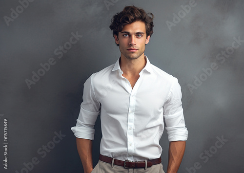Print op canvas a young man in a white shirt posing in front of gray backgrounds with Generative