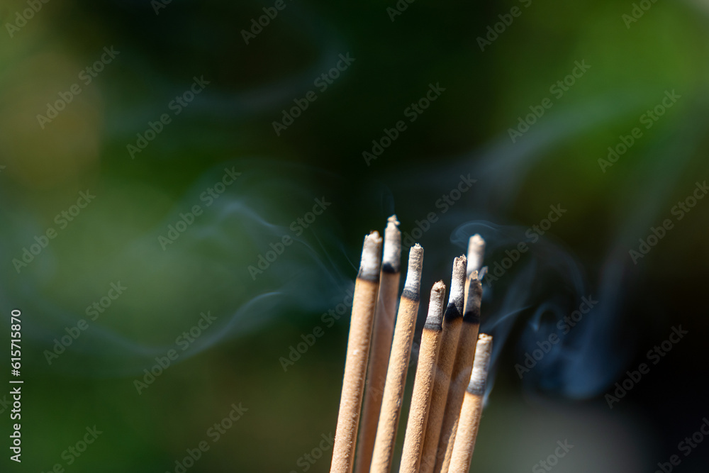 Close-up shot of burning incense with smoke. Asian beliefs