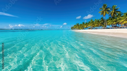 Tropical paradise Beach With Crystal-clear turquoise. Paradise Found Stunning Seascape of a Tranquil Beach with Crystal-clear Water and Palm Trees. Generative ai. © Svfotoroom