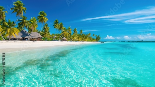 Tropical paradise Beach With Crystal-clear turquoise. Paradise Found Stunning Seascape of a Tranquil Beach with Crystal-clear Water and Palm Trees. Generative ai.