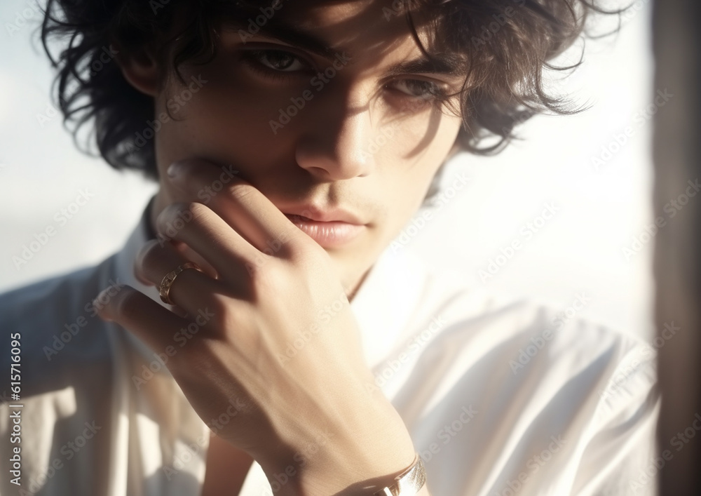 Fototapeta premium man with dark hair posing with hand with Generative AI