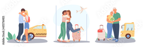 Set of tourists waiting for taxi outside. Happy couple hugging near car. Female friends meet in airport after long trip. Adult man meet female near bus station. Vector flat illustration