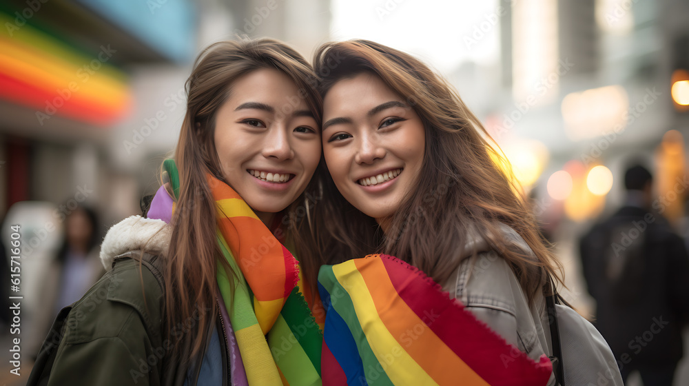 Happy young LGBT couple on parade.Created with Generative AI technology. Happy young LGBT couple on parade.Created with Generative AI technology.