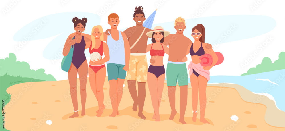 Happy youth walking on beach together. Young people in swimming suits with blankets, ball, umbrella spending time outside. Vector flat illustration in cartoon style