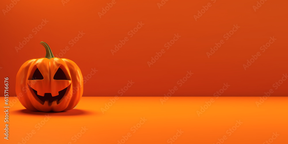 Halloween pumpkin head jack o lantern with glowing face on orange backgeound Halloween pumpkin head jack o lantern with glowing face on orange backgeound