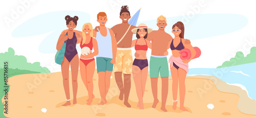 Happy youth walking on beach together. Young people in swimming suits with blankets, ball, umbrella spending time outside. Vector flat illustration in cartoon style