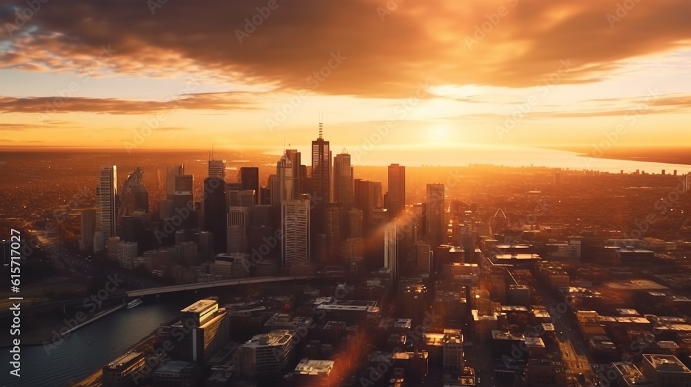 Stunning Aerial View of a vibrant city. Golden hour landscape. Generative ai.