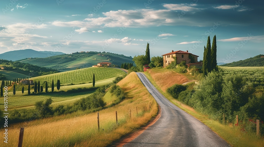 A scenic country road leading to a picturesque landscape. Generative ai.