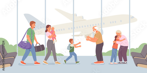 Happy family meet in airport. Grandmother hugging granddaughter. Young male holding baggage, female holding baby. Family flight by plane concept. Colorful flat vector illustration in cartoon style