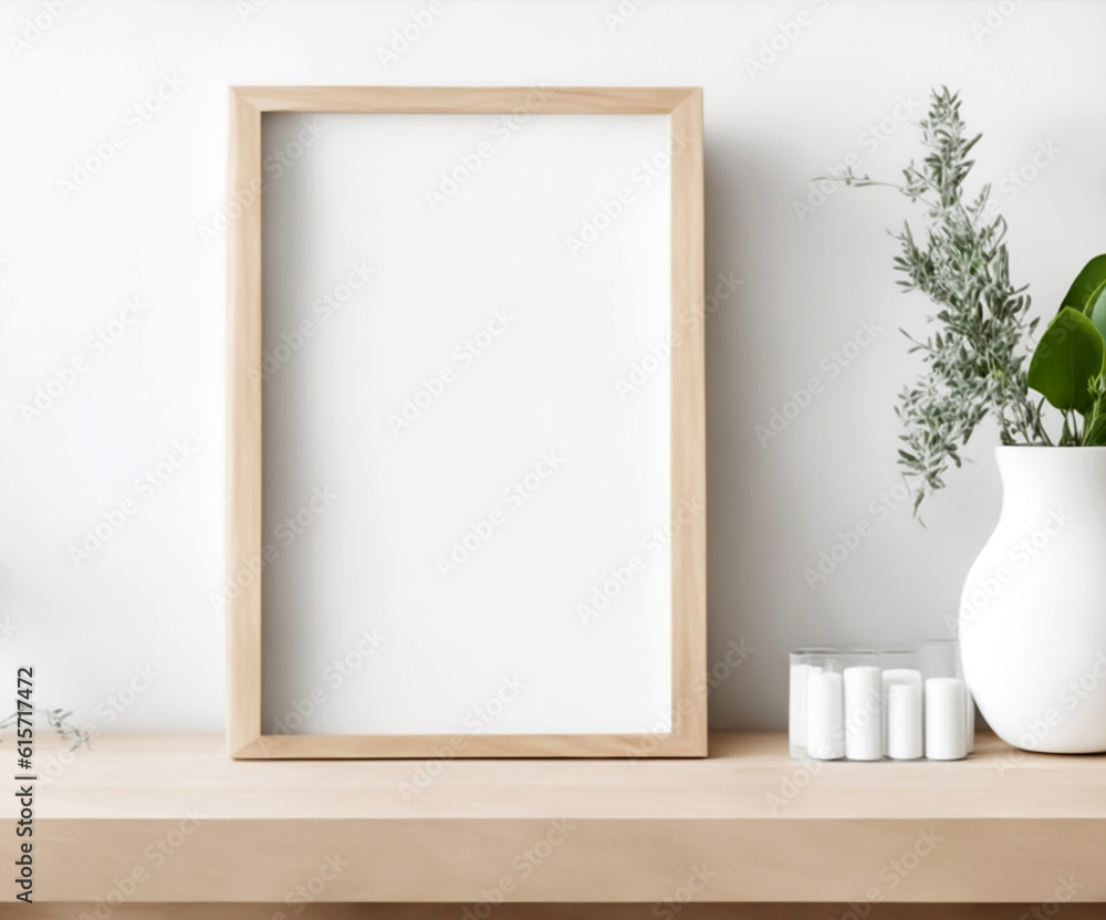 Empty wooden picture frame, poster mockup on wooden table. Minimal plant in vase. Morning concept. Beige wall background. Modern art display, elegant interior. Empty wooden picture frame, poster mockup on wooden table. Minimal plant in vase. Morning concept. Beige wall background. Modern art display, elegant interior.