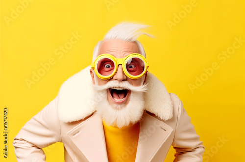 Smiling, funny, fancy Santa Claus wearing white jacket and big  yellow glasses posing on yellow studio background. Generative AI © Maksim Kostenko